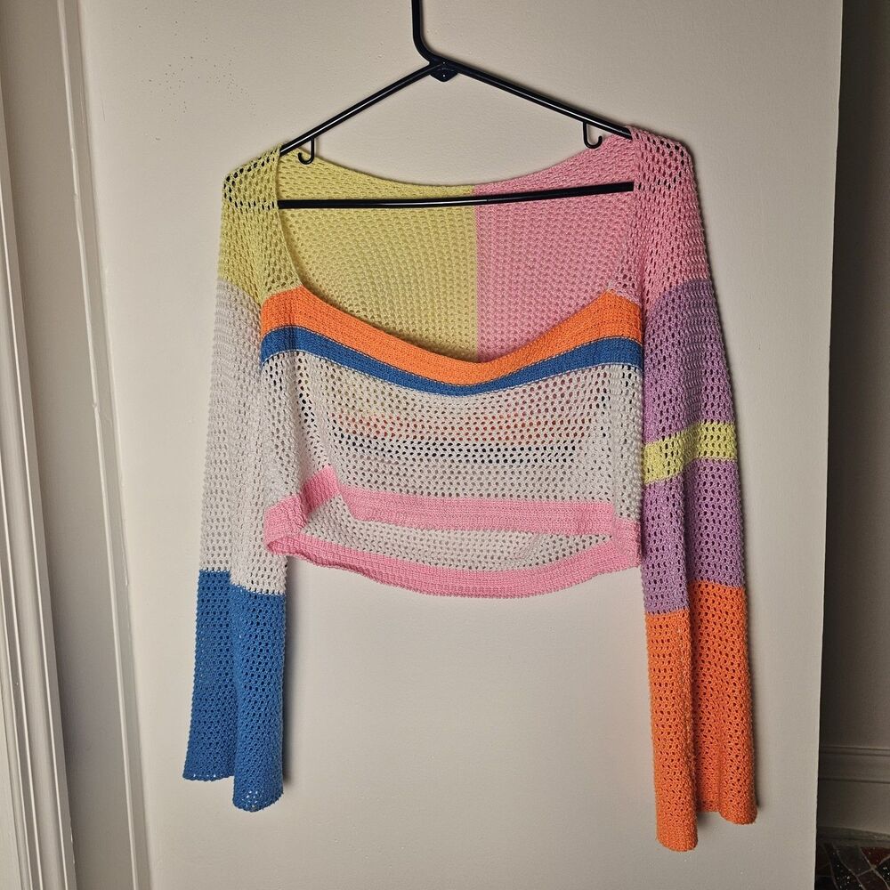 Crochet Color Block Flare Sleeve Cropped Top Medium  Festival Y2K 90s Neon